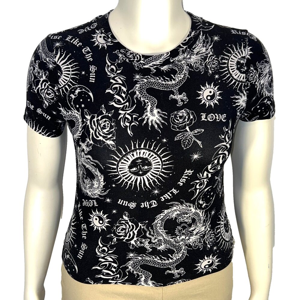 Streetwear Society Tee Shirt Womens Juniors L Chinese Dragin Sun, Moon Graphic